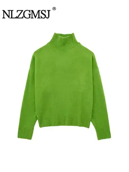 Nlzgmsj TRAF 2023 Жени Есен Зима Жени Твърди Поло Тънък Сгъстяване Плетени пуловери Мода дълъг ръкав Основен пуловер