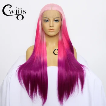 Ombre розово лилаво трицветен постепенен синтез 13x4 дантела предна перука дълга права топлоустойчива естествена линия коса, подходяща за