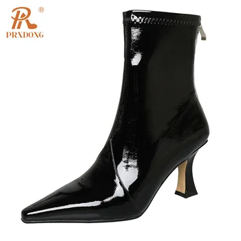 PRXDONG Най-високо качество есенни зимни обувки жена глезена ботуши високи токчета заострени пръсти черен бежов рокля офис дамски обувки размер 33-40