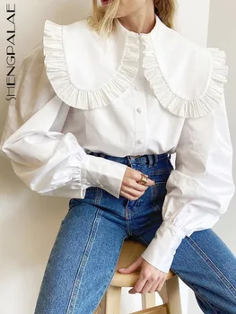 SHENGPALAE Бели ежедневни ризи за жени Питър Пан яка фенер дълъг ръкав случайни минималистични блузи женски 2023 Пролет Ново