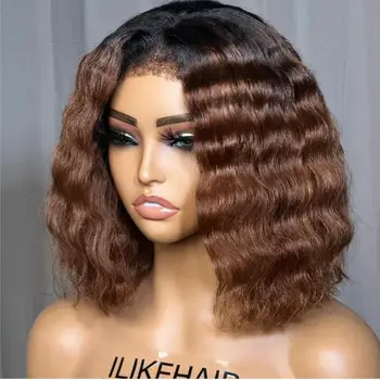 Soft 180Density Short Bob Ombre Brown Blonde Glueless Curly Deep Wave Lace Front Wig For Black Women BabyHair Preplucked Daily