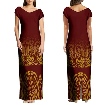 Summer къс ръкав реколта Макси рокля високо качество елегантна рокля случайни v-образно деколте Макси рокля по поръчка полинезийски изкуство дизайн рокля