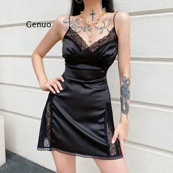 V врата сатенена каишка секси черна рокля жени дантела пачуърк без гръб лятна рокля мини страна сплит дами рокли мода