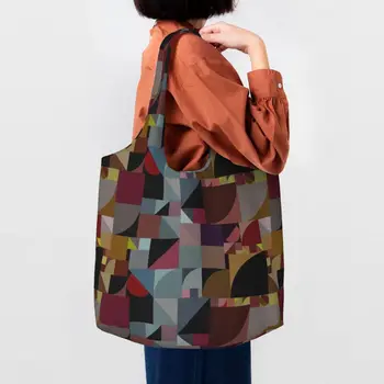Баухаус Цветен блок Геометрична линия Модерни хранителни стоки Пазарски чанти Платно Купувач Рамо голяма пазарска чанта капацитет преносима чанта