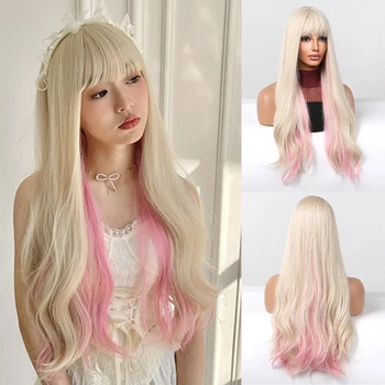 Блондинка смесени розови дълги вълнообразни синтетични перуки с бретон бежов косплей Лолита перука за коса за жени естествен парти топлоустойчиви влакна