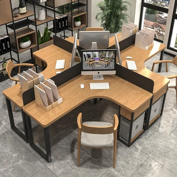Бюро за персонала: 4 компютърно бюро от масивна дървесина, бюро за персонала, екран, държач за ъглова карта, офис бюро