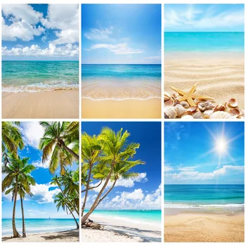 Винил Персонализиран пясъчен плаж почивка лятна фотография фон подпора кокосово дърво пейзаж прозорец фото студио фон HF-20