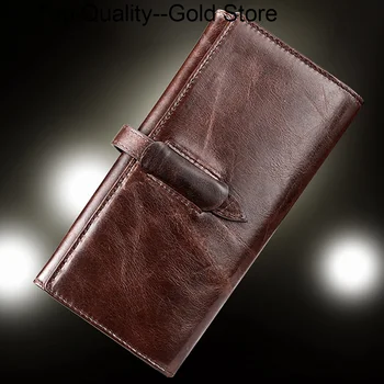 Висококачествена естествена кожа чанта съединител чанта мулти-капацитет притежател на карта пари мобилен телефон джоб масло восък телешка мъже дълъг портфейл