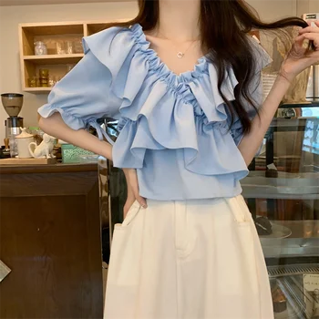 Дамска секси риза лятна мода от рамото ретро волан ръб къс ръкав корейска версия топ хлабав плътен цвят риза 2023