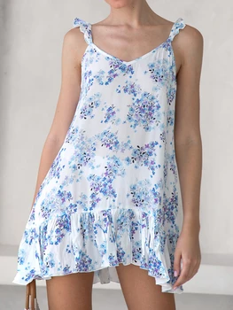 Дамски летни ежедневни Cami рокля цветен печат v-образно деколте рокля без ръкави шик мода къдри мини рокля