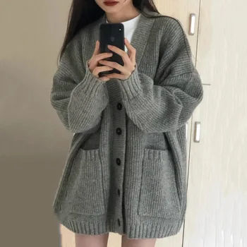 Дамски пуловери бутон нагоре v-образно деколте преден джоб мека вълна плетена жилетка шик корейски мода облекло есен зима
