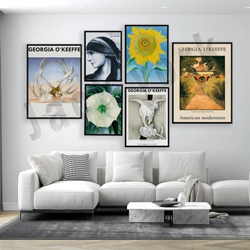 Джорджия О'Кийф феминистки акварелен портрет, плакат на Джорджия О'Кийф, хибискус с франджипани, цветя, печат изложба плакат