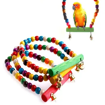 Дървен папагал люлка играчка птица клетка аксесоари птица стойка багажник висящи костур за птица папагал люлка играчка с цветни мъниста камбани