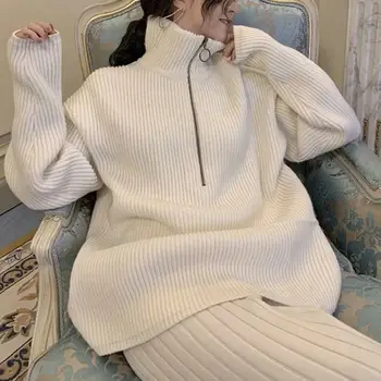 Есен зима жени оребрени трикотажни две части комплект анцуг елегантен дълъг ръкав поло цип пуловер прави панталони екипировки