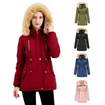 Есен и зима Жените дебела агнешка вълна подплатени палто плътен цвят хлабав подплатени палто жените подвижна шапка и руно палто