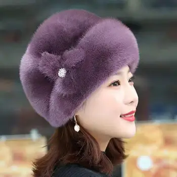 Зимна дамска шапка еластична кройка плюшена имитация на норка кадифе ветроупорен плътен цвят с флорални барети дамски консумативи