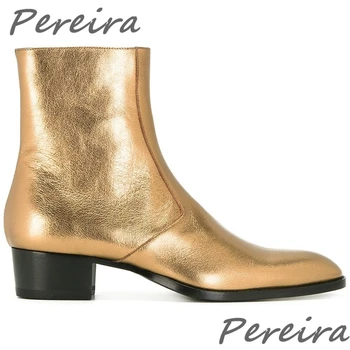 Златни естествена кожа мъже глезена ботуши заострени пръсти страничен цип Челси ботуши британски стил мода твърди ръчно изработени мъжки парти обувки