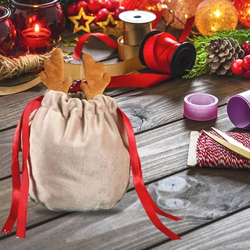 Коледа бонбони чанта, сладък 3D елен рог прекрасен лечение подарък чанти еленов рог шнур чанти фестивал доставки