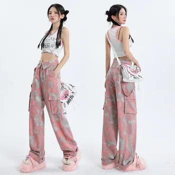 Корейски американски камуфлаж работно облекло панталони жени пикантен момиче дизайн хлабав плъзгане направо Y2K розов товарни панталони Baggy