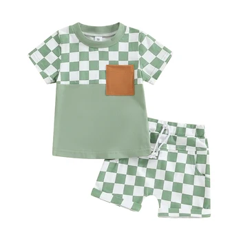 Малко дете бебе бебе момче летни дрехи комплект шахматна дъска печат къс ръкав тениска с ластик шорти 2бр облекло