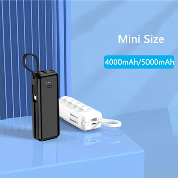 Мини преносима банка за захранване с кабел Зарядно за смартфон Външна батерия Държач за телефон Powerbank за iPhone Samsung Xiaomi 5000mAh