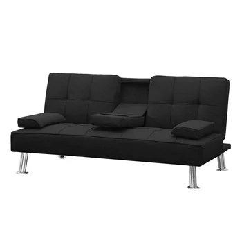 Модерен конвертируем сгъваем разтегателен диван с 2 поставки за чаши, разтегателен диван от плат с подвижни подлакътници и метални крака