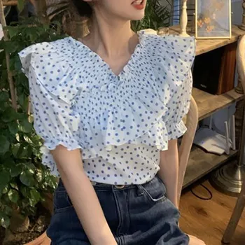 Модни печатни снаждани къдри Shirring Polka Dot Puff ръкав блуза Дамско облекло 2023 Лято Нови ежедневни върхове сладка риза