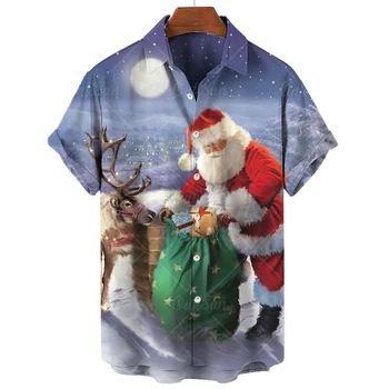 Нов евтин коледен мъжки дрехи мъжки риза къс ръкав върховете 3d Дядо Коледа графичен риза мъжки и жени извънгабаритни облекло