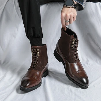 Нови мъжки класически ретро естествена кожа Челси ботуши мъжки мода глезена обувка мъжки случайни британски стил кратко обувка висок топ обувки