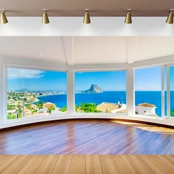 Онлайн срещи Офис фотография фон модерен крило прозорец стъкло изглед на море и тропически плаж виртуален офис фон