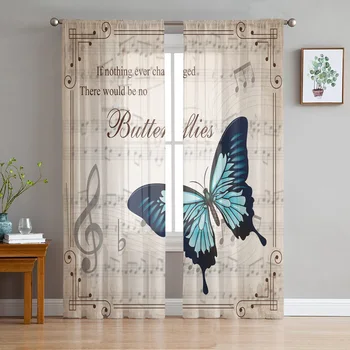 Пеперуда ретро музикална нота реколта тюл завеси хол кухня декорация шифон прозорец обработки Voile отвесни завеса