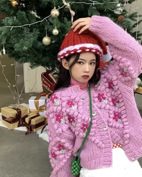 Реколта бродирани плетени пуловер палто 2023 есенна ниша дизайн плътен цвят облекло японски сладък нежен хлабав жилетка