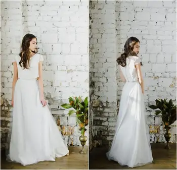 Сватбени рокли от две части A Line Jewel Neck Short Sleeve Boho Сватбена рокля по поръчка Дължина на пода Елегантен Vestidos De Novia