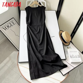 Тангада 2023 Летни жени Висококачествена памучна ленена рокля Midi рокля с цип без ръкави Дамска рокля 6D215X
