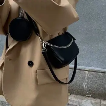 Три-в-едно чанта широка презрамка PU кожена чанта женска чанта Messenger чанта мода дива верига едно рамо подмишниците чанта