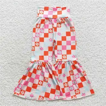 Цена на едро Момиче Цвете оранжево синьо каре бежово бутикова мода сладък панталон