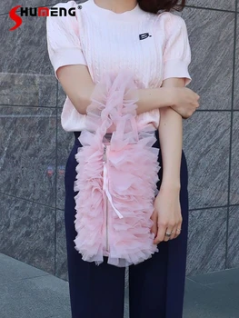 Японска жена Сладка многослойна мрежеста чанта 2024 Нова елегантна Kawaii сладка розова тюл цип кофа презрамки чанти за жени