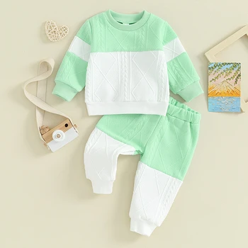 бебе момче момиче зимни облекло цвят блок плета дълъг ръкав Crewneck пуловер ластик Sweatpants комплект