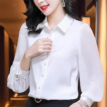 висок клас черна риза с дълъг ръкав жени елегантен темперамент поло-образно деколте блузи мода пролет есен дами случайни топ MM1434