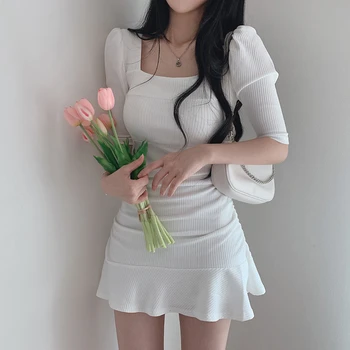 квадратна яка балон ръкав гънки плетене тънки мини flounced край жени рокля корейски лято отслабване сладък темперамент облекло